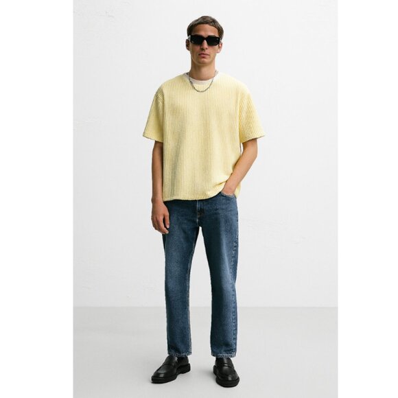 Zara Men’s Seersucker Knit Stripe T-Shirt Yellow White Textured Short Sleeve XL - Picture 1 of 9